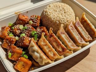 Mongolian Fried Tofu with Brown Rice and Crispy Chicken Potstickers