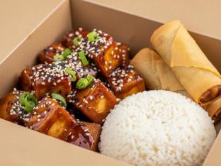 Mongolian Fried Tofu with White Rice and Vegetable Spring Roll