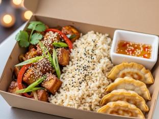 Mongolian Sauteed Tofu with Brown Rice and Crispy Chicken Potstickers