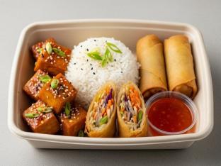 Orange Fried Tofu with White Rice and Vegetable Spring Roll