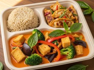 Fried Tofu Panang Curry King with Brown Rice and Chicken Potstickers