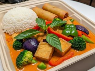 Fried Tofu Panang Curry King with White Rice and Vegetable Spring Roll