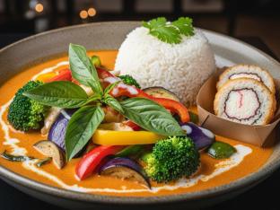 Veggie Panang Curry King with White Rice and Crab n Cheese Roll