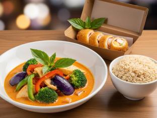 Veggie Panang Curry King with Brown Rice and Crab n Cheese Roll