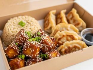 Sesame Fried Tofu with Brown Rice and Chicken Potstickers