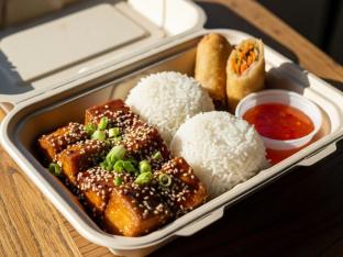 Sesame Fried Tofu with White Rice and Vegetable Spring Roll