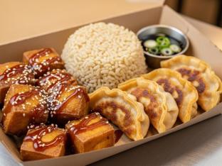 Teriyaki Fried Tofu with Brown Rice and Chicken Potstickers