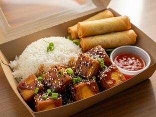 Teriyaki Fried Tofu White Rice and Vegetable Spring Roll