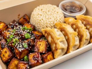 Teriyaki Sauteed Tofu Brown Rice and Chicken Potstickers
