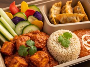 Fried Tofu Tikka Masala Curry with Brown Rice and Chicken Potstickers
