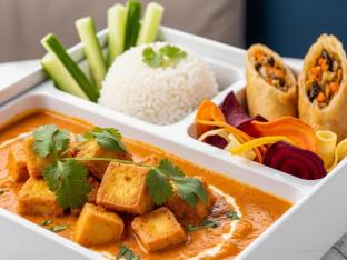 Fried Tofu Tikka Masala Curry with White Rice and Vegetable Spring Roll
