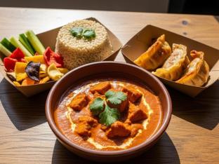 Sauteed Tofu Tikka Masala Curry with Brown Rice and Chicken Potstickers