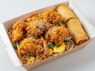 Fried Chicken Chinese Sesame Fried Rice with Vegetable Spring Roll