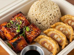 Firecracker Fried Tofu with Brown Rice and Chicken Potstickers