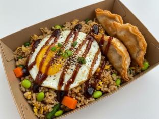 Veggie Japanese Teriyaki Fried Rice with Chicken Potstickers