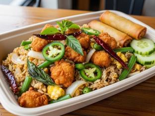 Fried Chicken Thai Basil Fried Rice with Vegetable Spring Roll