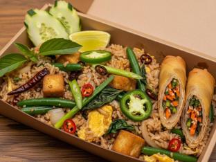 Fried Tofu Thai Basil Fried Rice with Vegetable Spring Roll