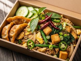 Sauteed Tofu Thai Basil Fried Rice with Chicken Potstickers