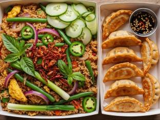Veggie Thai Basil Fried Rice with Chicken Potstickers