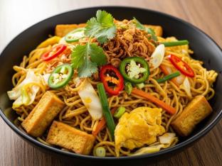 Sauteed Tofu Singapore Curry Chow Mein