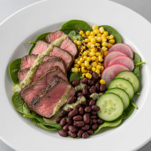 Cilantro Salad with Coffee and Pepper Crusted Akaushi Wagyu Sirloin