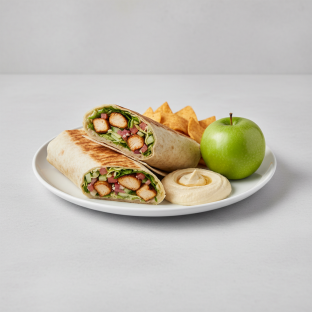 Chicken Kebab Wrap Lunch with Pita Chips, Hummus, and a Green Apple