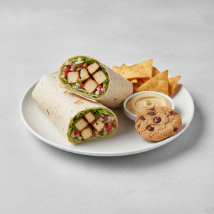 Chicken Kebab Wrap Lunch with Pita Chips, Hummus, and a Chocolate Chip Cookie
