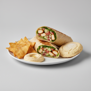 Chicken Kebab Wrap Lunch with Pita Chips, Hummus, and a Sugar Cookie