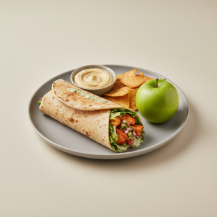 Tandoori Chicken Kebab Wrap Lunch with Pita Chips, Hummus, and a Green Apple