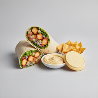 Tandoori Chicken Kebab Wrap Lunch with Pita Chips, Hummus, and a Sugar Cookie