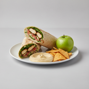Chicken Kofte Wrap Lunch with Pita Chips, Hummus, and a Green Apple