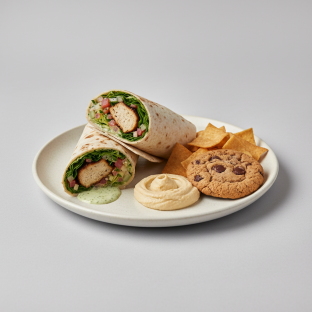 Chicken Kofte Wrap Lunch with Pita Chips, Hummus, and a Chocolate Chip Cookie