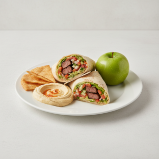 Steak Tip Wrap Lunch with Pita Chips, Hummus, and a Green Apple