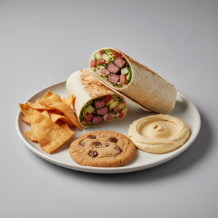 Steak Tip Wrap Lunch with Pita Chips, Hummus, and a Chocolate Chip Cookie