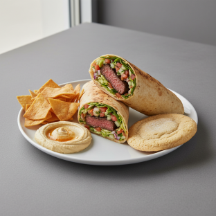 Steak Tip Wrap Lunch with Pita Chips, Hummus, and a Sugar Cookie