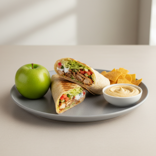 Doner Wrap Lunch with Pita Chips, Hummus, and a Green Apple