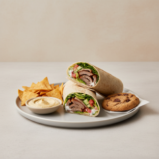 Doner Wrap Lunch with Pita Chips, Hummus, and a Chocolate Chip Cookie