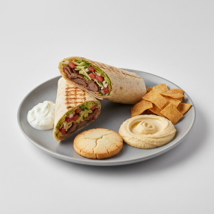Doner Wrap Lunch with Pita Chips, Hummus, and a Sugar Cookie