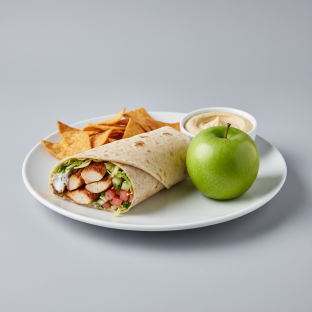 Chicken Doner Wrap Lunch with Pita Chips, Hummus, and a Green Apple