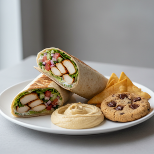Chicken Doner Wrap Lunch with Pita Chips, Hummus, and a Chocolate Chip Cookie