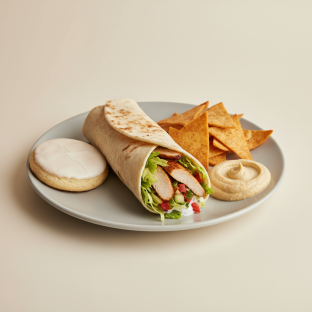 Chicken Doner Wrap Lunch with Pita Chips, Hummus, and a Sugar Cookie