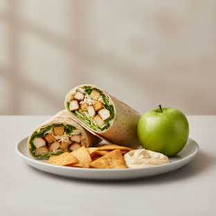 Chicken Caesar Wrap Lunch with Pita Chips, Hummus, and a Green Apple