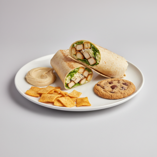 Chicken Caesar Wrap Lunch with Pita Chips, Hummus, and a Chocolate Chip Cookie