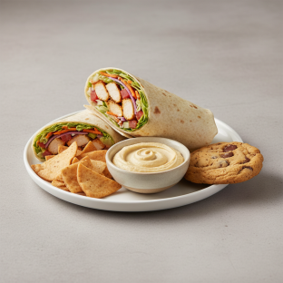 Texas Buffalo Wrap Lunch with Pita Chips, Hummus, and a Chocolate Chip Cookie