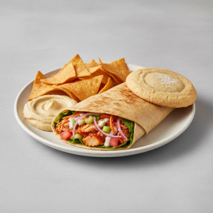 Texas Buffalo Wrap Lunch with Pita Chips, Hummus, and a Sugar Cookie