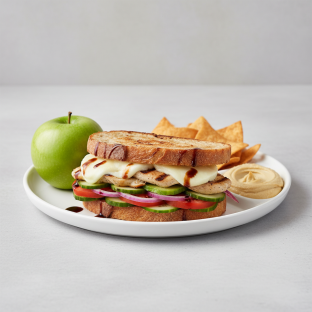 Chicken Mozzarella on Sourdough with Pita Chips, Hummus, & Green Apple