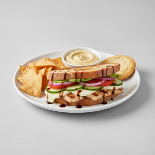 Chicken Mozzarella on Sourdough with Pita Chips, Hummus, and a Sugar Cookie