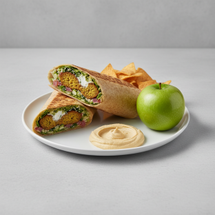 Falafel Wrap Lunch with Pita Chips, Hummus, and a Green Apple