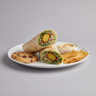 Falafel Wrap Lunch with Pita Chips, Hummus, and a Chocolate Chip Cookie