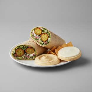 Falafel Wrap Lunch with Pita Chips, Hummus, and a Sugar Cookie